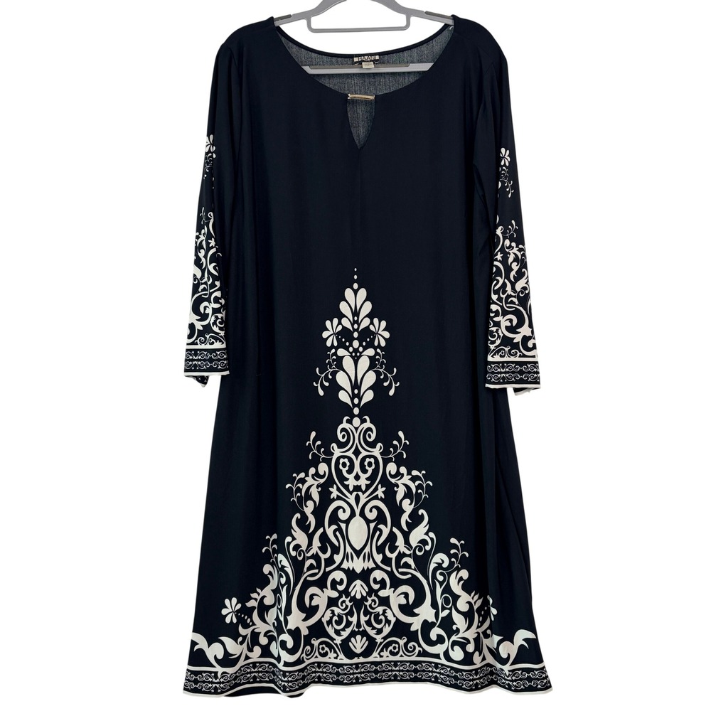 Haani Damask Scroll Print Shift Dress 2X Black White 10060X-97852